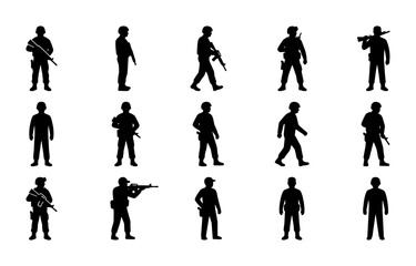 Obraz premium Military soldier silhouettes set, 15 armed infantry warrior icons, tactical special forces figures with rifles, black army personnel vector collection
