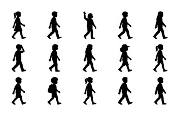 Fototapeta premium Walking children silhouettes set, 15 black vector icons of boys and girls in motion, school kids walking and waving side view profiles
