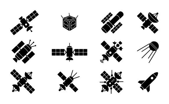 Space satellite icon set, black silhouette communication satellites and rocket vector collection, orbital spacecraft and telecommunication equipment