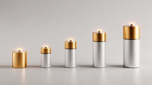 Different sized batteries in a row with their caps glowing. Representing power and energy