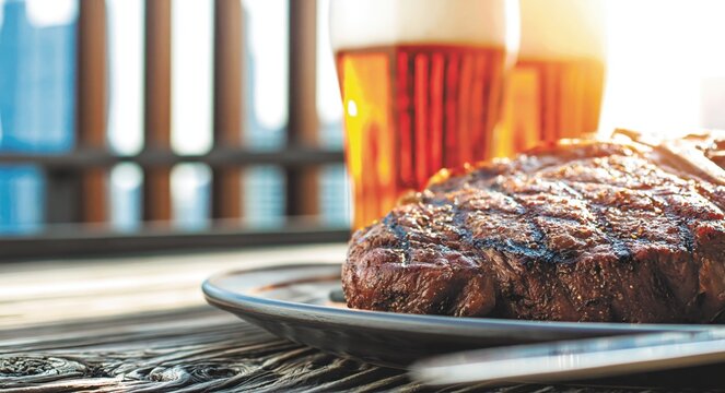 Grilled steak with a pint of beer, summer barbecue party concept