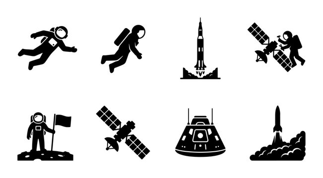 Space exploration icon set with 8 black vector silhouettes, astronaut moon landing and rocket launch symbols, satellite and spacecraft mission graphics