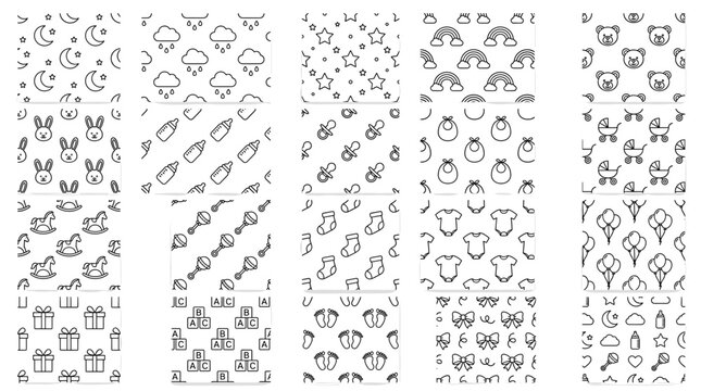 Black and white baby seamless pattern set with moons, stars, clouds, bottles, toys, animals, rockets, hearts and nursery doodle backgrounds