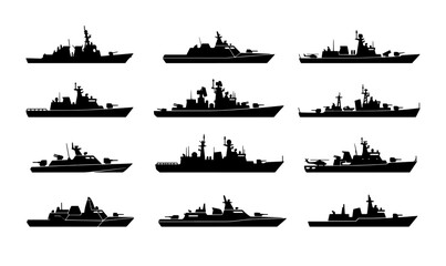 Military warship silhouettes set, 12 naval vessel icons in black vector format, destroyer and frigate ship collection for maritime defense infographics © Ariful