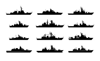 Military warship silhouettes set, 12 naval vessel icons in black vector, destroyer and frigate ship profiles for marine defense and navy graphics © Ariful