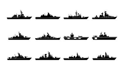 Military warship silhouette collection, 12 naval vessel icons set, black battleship and aircraft carrier silhouettes, maritime defense vector graphics © Ariful
