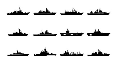 Military warship silhouettes set, 12 naval vessel icons, black battleship and aircraft carrier vector graphics for maritime defense infographics © Ariful