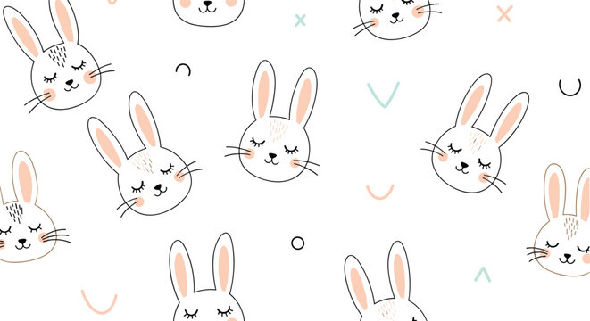 Cute seamless pattern of white bunny rabbit faces with pink ears and closed eyes on a white background with simple geometric symbols.