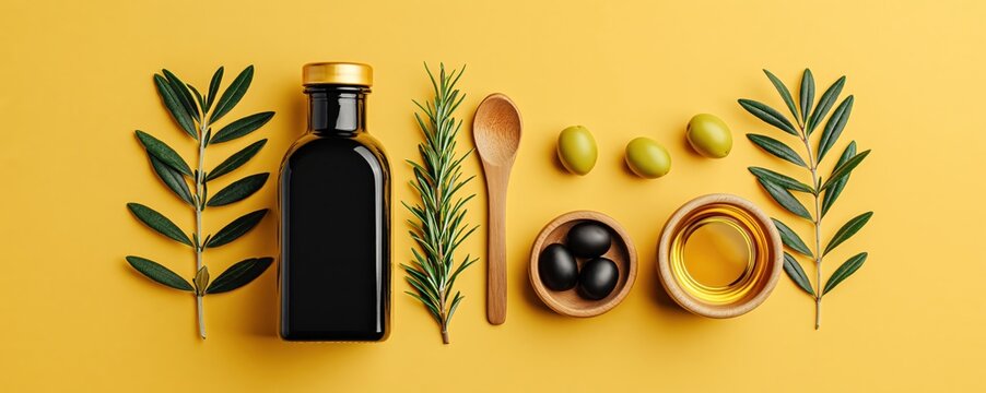 Elegant composition of olive oil and olives on a yellow surface