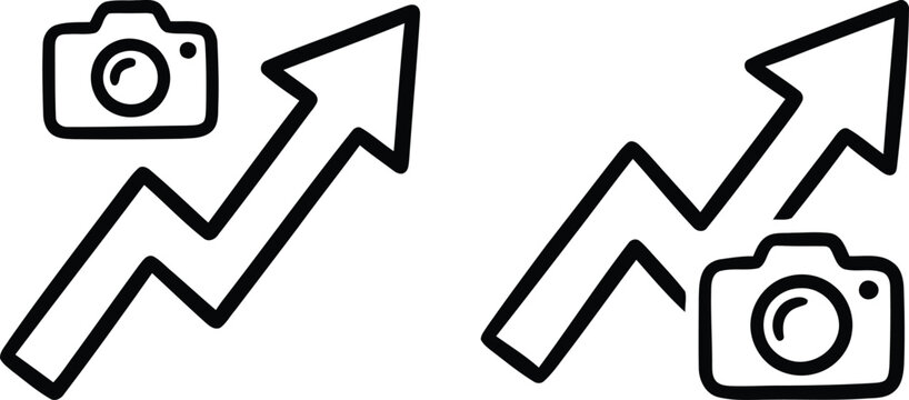 Simple line art icons showing a camera with a rising growth arrow to represent photography business success and social media engagement analytics for content creators.