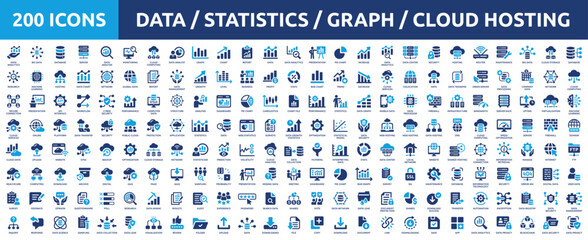 Huge set of 200 solid icons. Mega collection concept of data, statistics, analytics, cloud computing, chart and graph. Vector illustration.