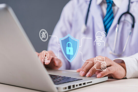 Healthcare provider processing big data analysis using medical cloud platform networking database management optimization futuristic cyber security interface data protection.