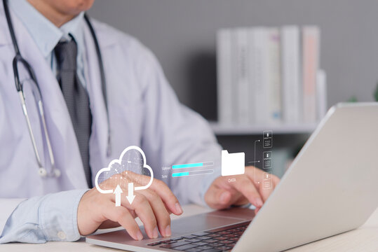 Doctor using laptop managing medical cloud computing data transfer synchronization patient electronic health records system security hospital infrastructure digital healthcare solution.
