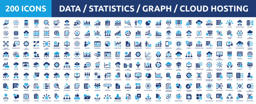 Huge set of 200 solid icons. Mega collection concept of data, statistics, analytics, cloud computing, chart and graph. Vector illustration.