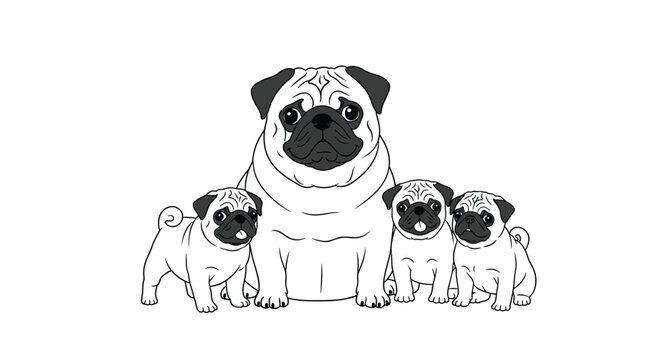 Adorable family of pugs featuring one large adult dog and three small cute puppies in a detailed black and white line art illustration.