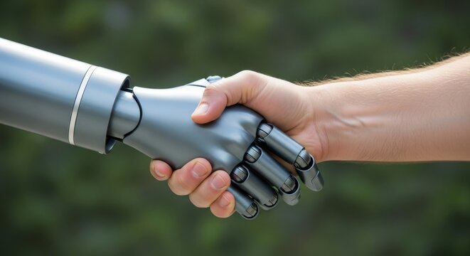 A human hand shakes hands with a metallic robotic hand against a blurred green outdoor background with trees