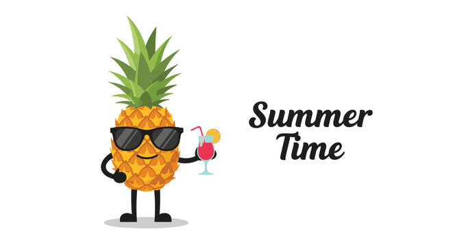 Funny pineapple character wearing sunglasses and holding a cocktail is shown with the text summer time on the right.