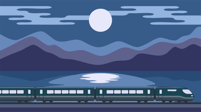 Modern train traveling at night through a peaceful mountain and lake landscape