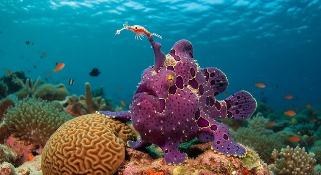 Underwater purple frogfish on coral reef with shrimp and fish