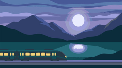 Modern train on railway through moonlit mountain lake at night © Stocklab