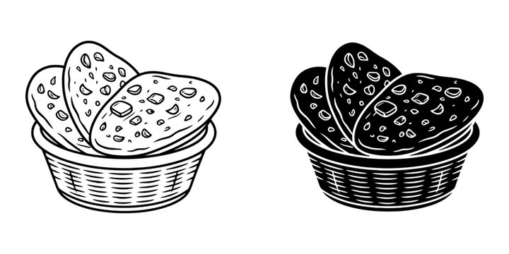 Basket of freshly baked bread rolls in outline and solid black silhouette icons, rustic artisanal bakery products illustration.