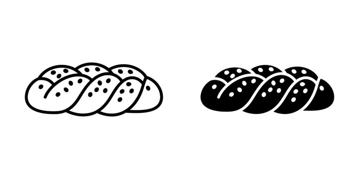 Challah bread icons set featuring outline and black silhouette versions of braided jewish loaf with sesame seeds on top for shabbat and holiday meals isolated on white background graphic elements.
