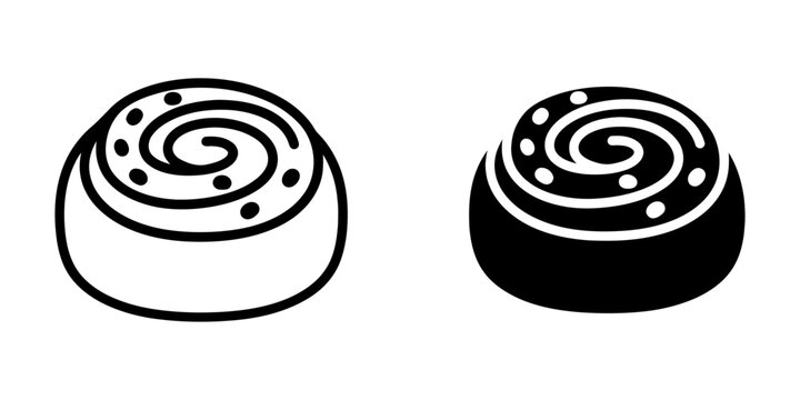 Classic cinnamon swirl bun icons featuring raisin toppings in outline and solid black versions for traditional bakery signage dessert menu decorations and sweet snack product packaging illustrations.