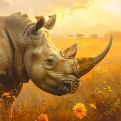 Fototapeta premium A large rhinoceros in a field of flowers and grass at sunset