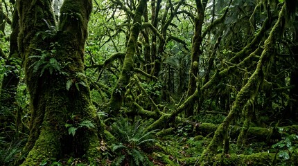 Obraz premium Lush Green Moss-covered Forest with Dense Tree Roots and Ferns in Tropical Jungle