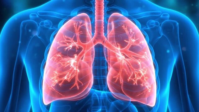 Human lung anatomy visualization showing respiratory system structure, suitable for medical research, healthcare education, biology, clinical study.