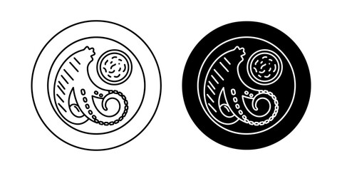 Grilled octopus tentacle plate icon set in outline and filled versions showing roasted seafood with sauce dip and lemon garnish for mediterranean kitchen and high end restaurant menu decorations. ©  Saleha Stock 