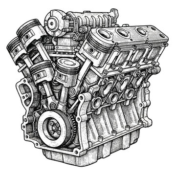 Detailed illustration of a powerful V8 internal combustion engine.