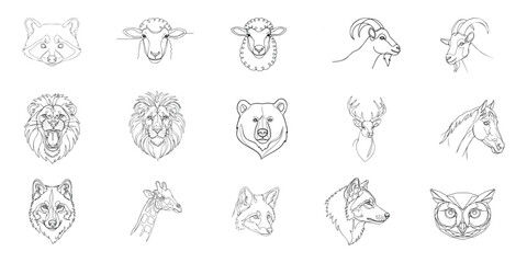 Fototapeta premium Collection of Hand-Drawn Animal Head Sketches in Line Art Style.