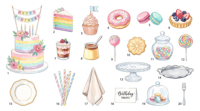 Pastel birthday dessert vector set with cake, donuts, candies, cupcakes, jar, lollipop, cake stand, straws, napkin and sweet party decor