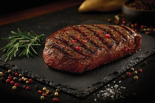 Grilled steak with rosemary and peppercorns on dark stone surface
