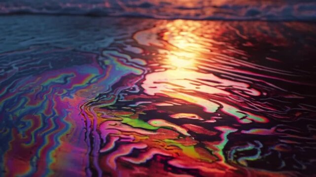 Colorful iridescent oil slick shimmering on the wet sand and ocean waves at sunset, a stunning display of nature's patterns and light refraction
