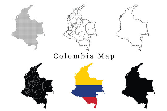  Set of Colombia map silhouettes featuring administrative divisions, dotted patterns, line art outlines, and the national flag version.