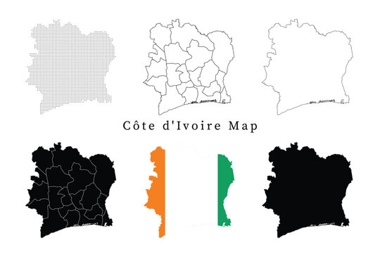 Set of C&ocirc;te d'Ivoire map silhouettes featuring administrative divisions, dotted patterns, line art outlines, and the national flag version.