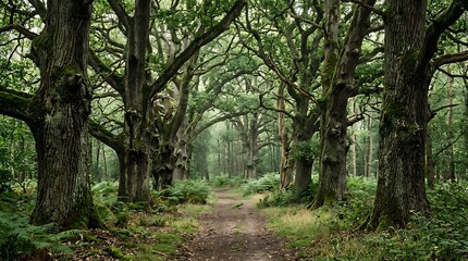Fototapeta premium Mossy Oak Forest Path in Greenery with Dense Tree Canopy