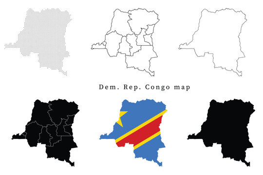 Set of Democratic Republic of the Congo map silhouettes featuring administrative divisions, dotted patterns, line art outlines, and the national flag version.