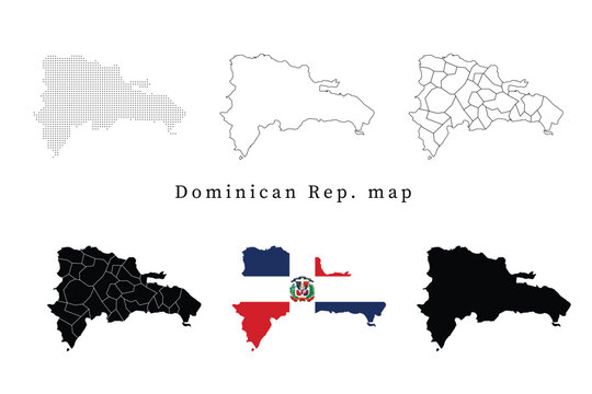 Set of Dominican Republic map silhouettes featuring administrative divisions, dotted patterns, line art outlines, and the national flag version