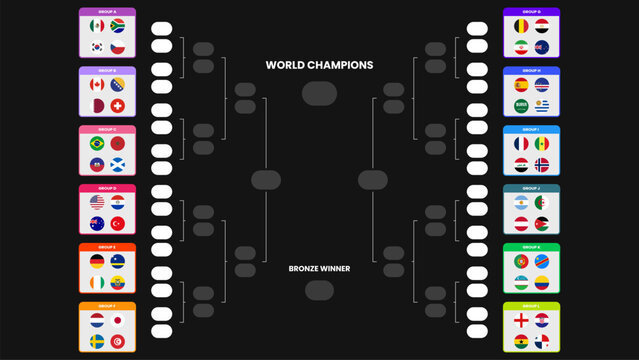 World Football Tournament 2026 Knockout Stage Bracket with Circle National Flags Vector Illustration