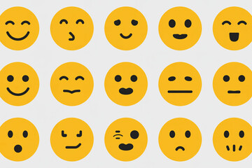 Fototapeta premium A collection of various yellow emojis with different facial expressions on a white background