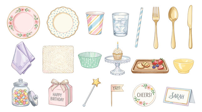 Birthday party vector set with pastel plates, cup, glass, cutlery, napkin, cake stand, sweets, gift jar, flags, bow and cute table decor