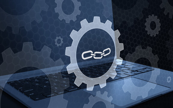 3D rendering of a laptop keyboard with a floating gear icon and a link chain symbol, representing digital settings, software configuration, and technical connectivity.