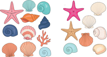 Colorful Sea Shells and Starfish Collection with Coral Snail Scallop and Spiral Shells Beach Ocean Theme Isolated Vector Illustration Set © MdArif