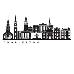 Obraz premium Charleston skyline icon in simple black and white style, featuring a minimalist silhouette of historic buildings, church steeples, and a bridge. Designed with clean solid black shapes on a white backg