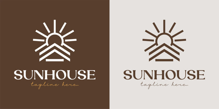 Sun house logo set with rising sun and roof shape minimal line art design