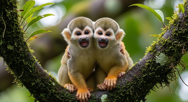 Two squirrel monkeys embracing on a tree branch in natural environment