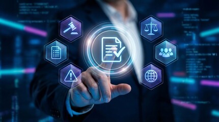 Fototapeta premium Executive professional interacting with digital legal document verification and justice system interface for law firm management and corporate governance compliance